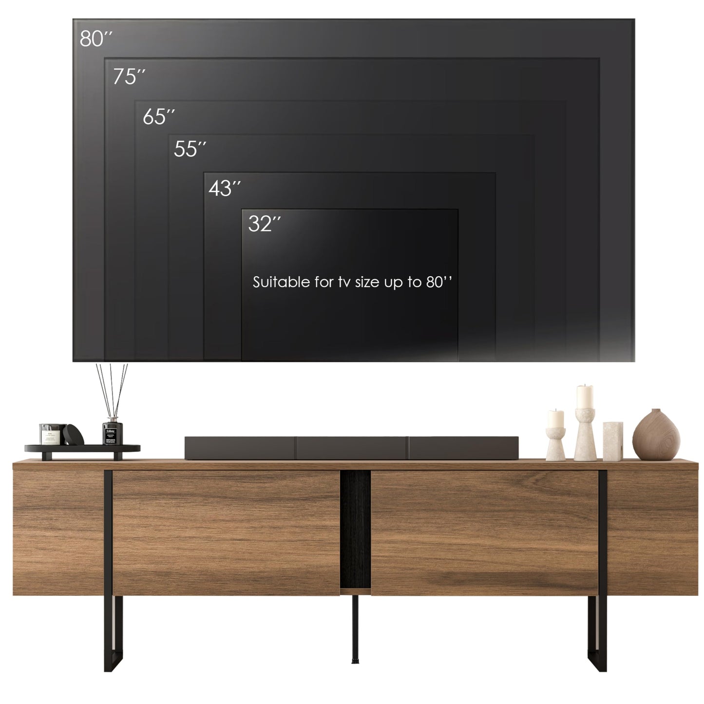 Modern TV Stand and Media Console, Entertainment Center, Adjustable Shelves, Solid Eng Wood, Metal Legs, Large Storage, TV Stand for 75 inch TV, TV Stand 65 inch (63 x 32 Inches)