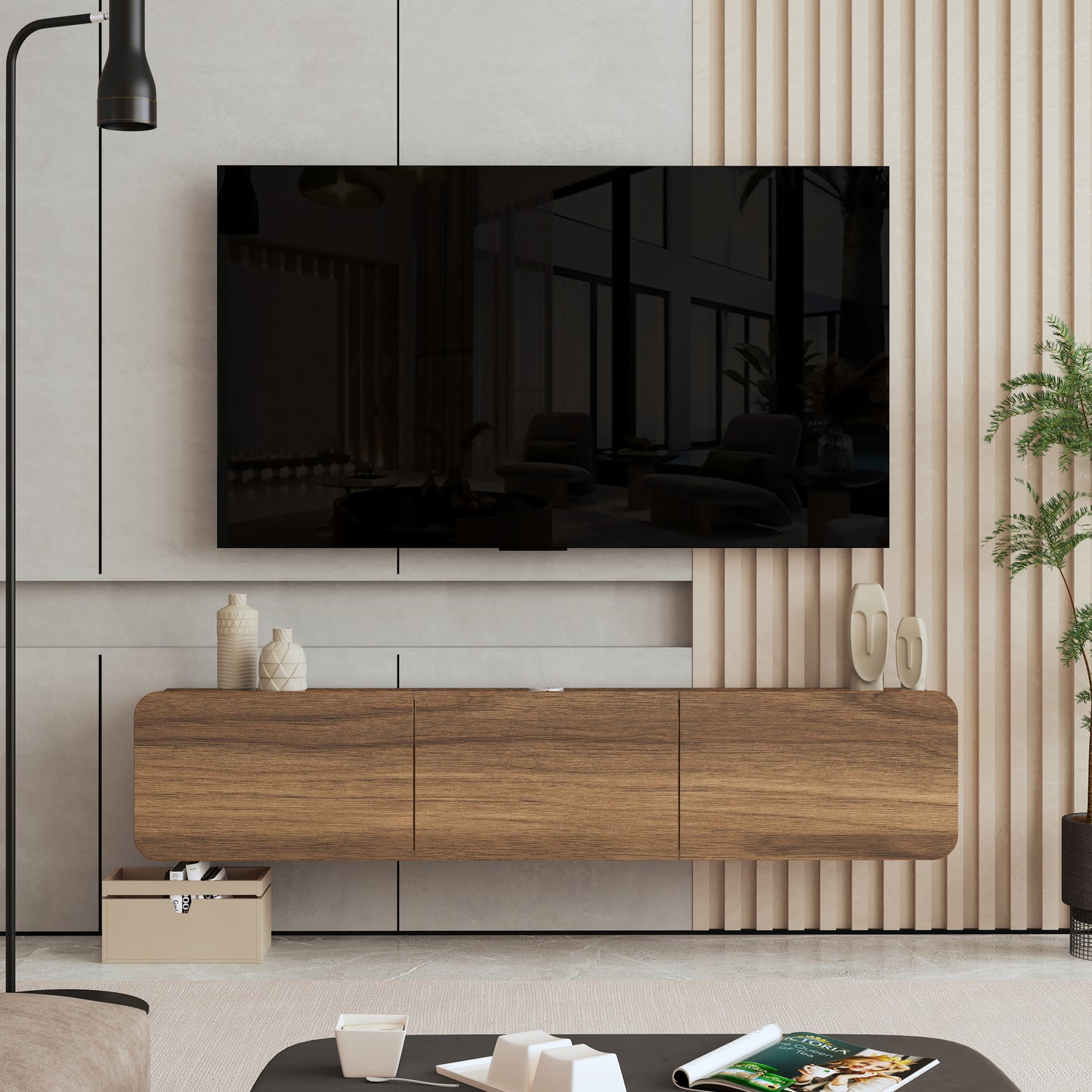Modern TV Stand - Versatile Wall Mounted Entertainment Center for TVs Up to 80 Inch - Available in Multiple Finishes