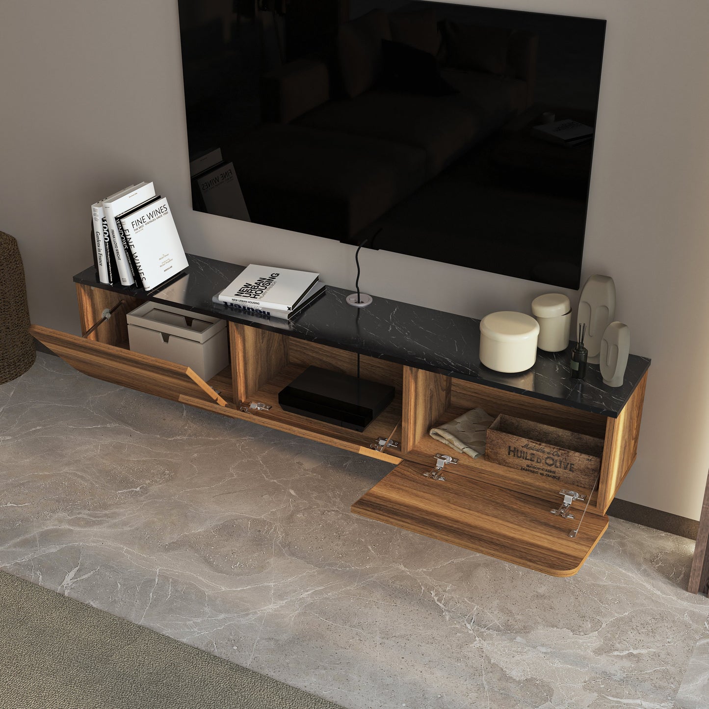 Modern TV Stand - Versatile Wall Mounted Entertainment Center for TVs Up to 80 Inch - Available in Multiple Finishes