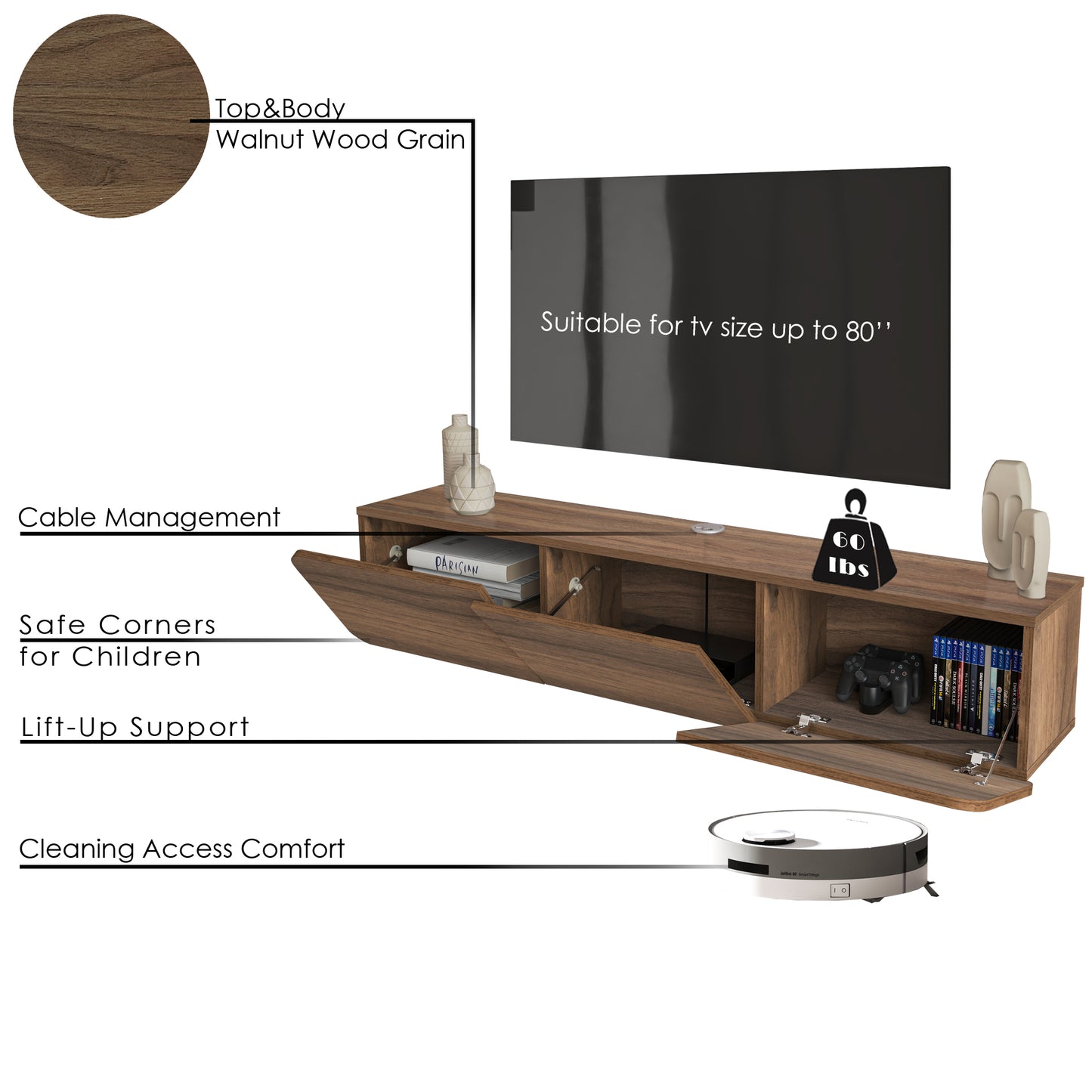 Modern TV Stand - Versatile Wall Mounted Entertainment Center for TVs Up to 80 Inch - Available in Multiple Finishes