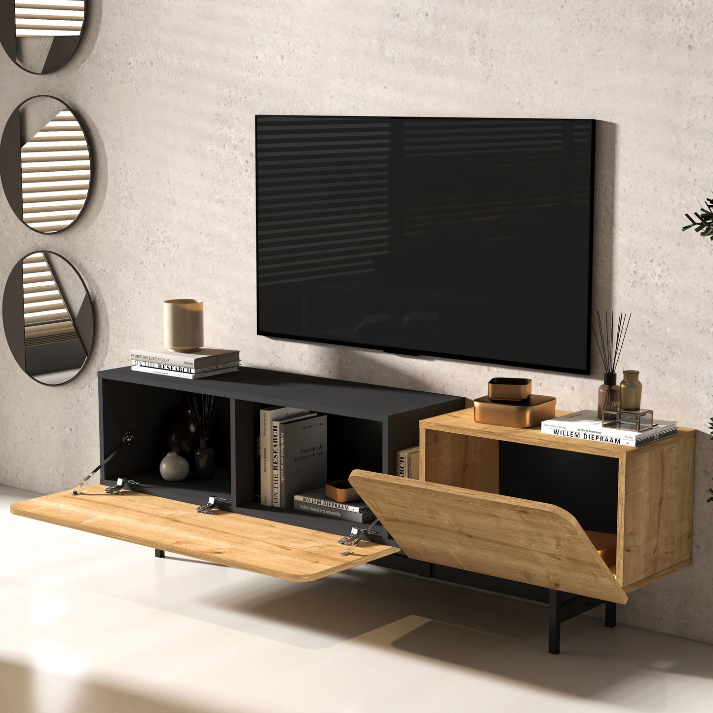 72 Inch Modern Media Console in Walnut, Oak, Yellow for 75 Inch TV with Metal Legs & Cable Management