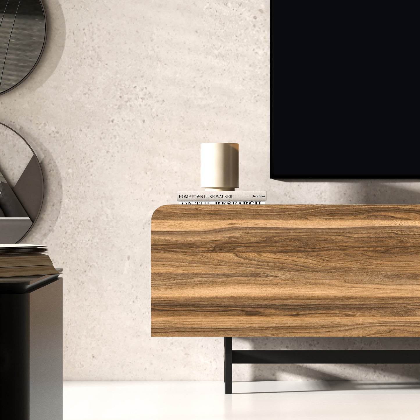 72 Inch Modern Media Console in Walnut, Oak, Yellow for 75 Inch TV with Metal Legs & Cable Management