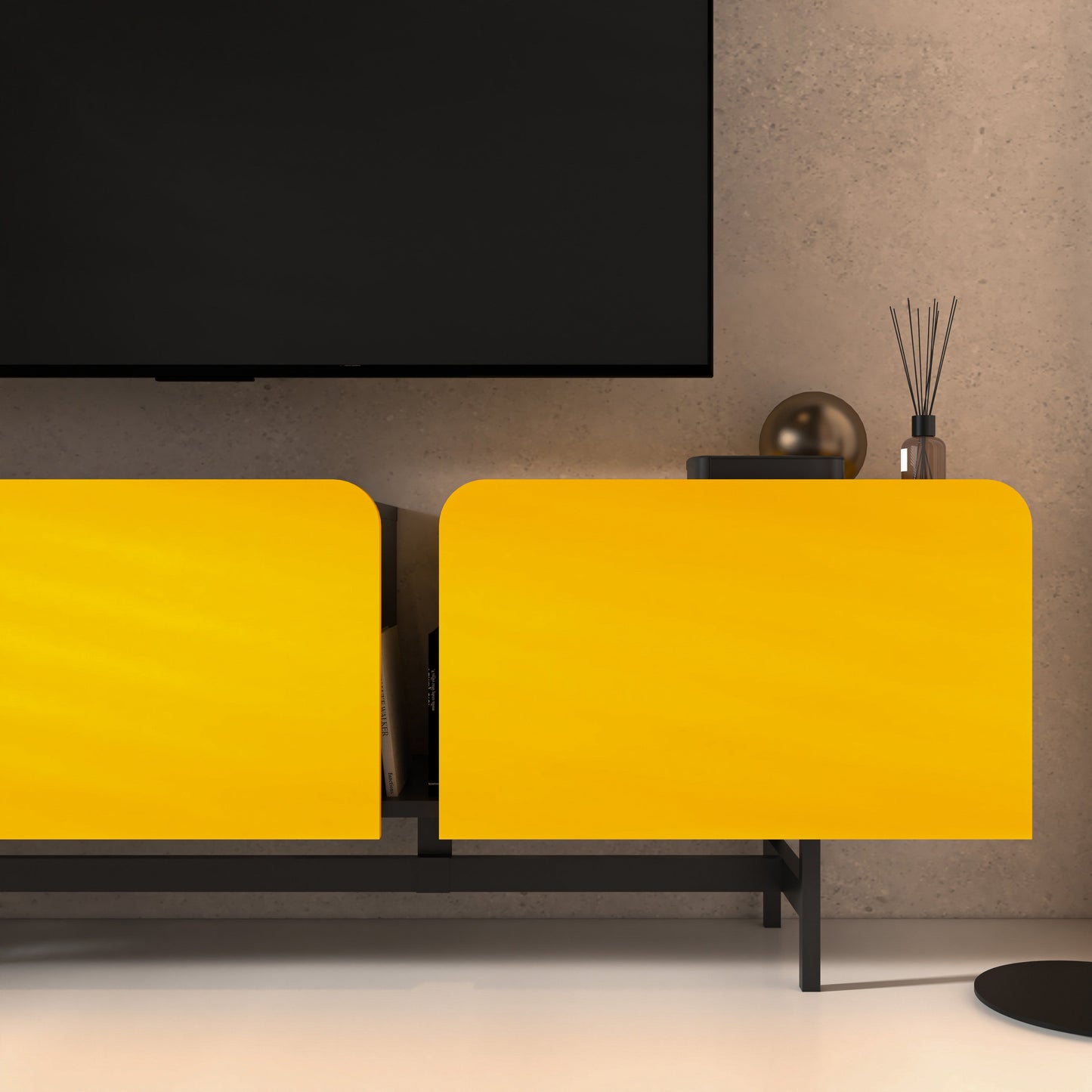 72 Inch Modern Media Console in Walnut, Oak, Yellow for 75 Inch TV with Metal Legs & Cable Management