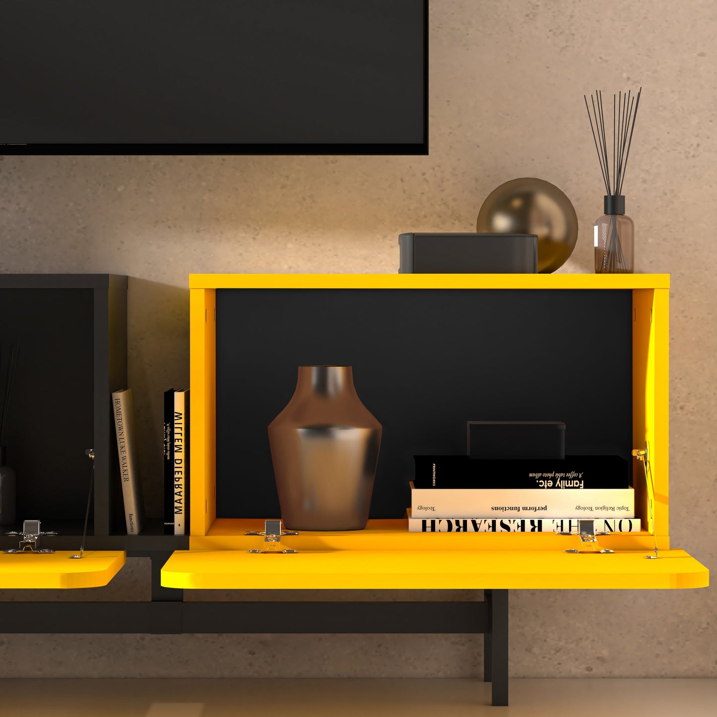 72 Inch Modern Media Console in Walnut, Oak, Yellow for 75 Inch TV with Metal Legs & Cable Management