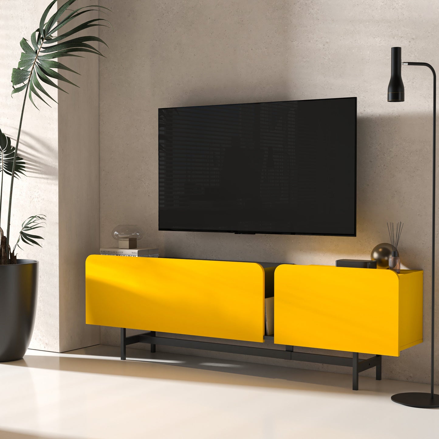 72 Inch Modern Media Console in Walnut, Oak, Yellow for 75 Inch TV with Metal Legs & Cable Management