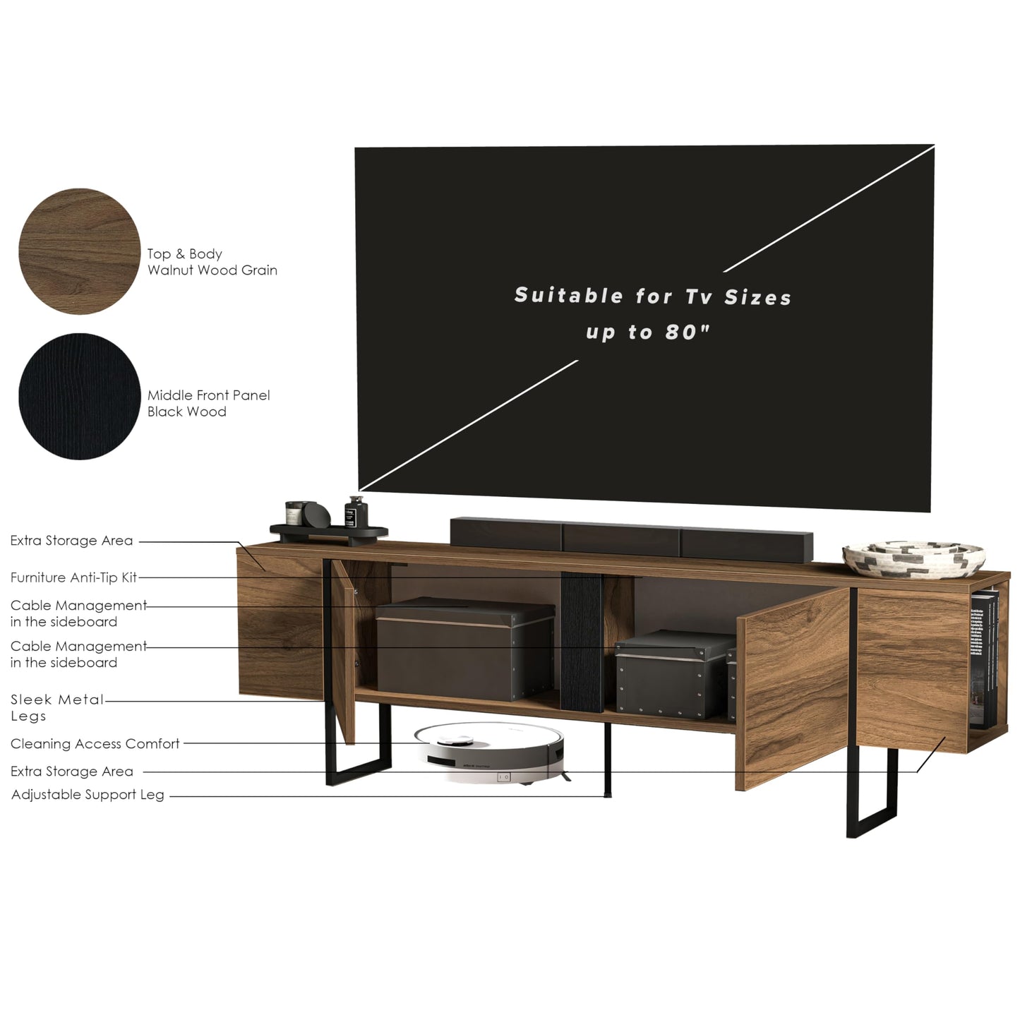 Modern TV Stand and Media Console, Entertainment Center, Adjustable Shelves, Solid Eng Wood, Metal Legs, Large Storage, TV Stand for 75 inch TV, TV Stand 65 inch (63 x 32 Inches)