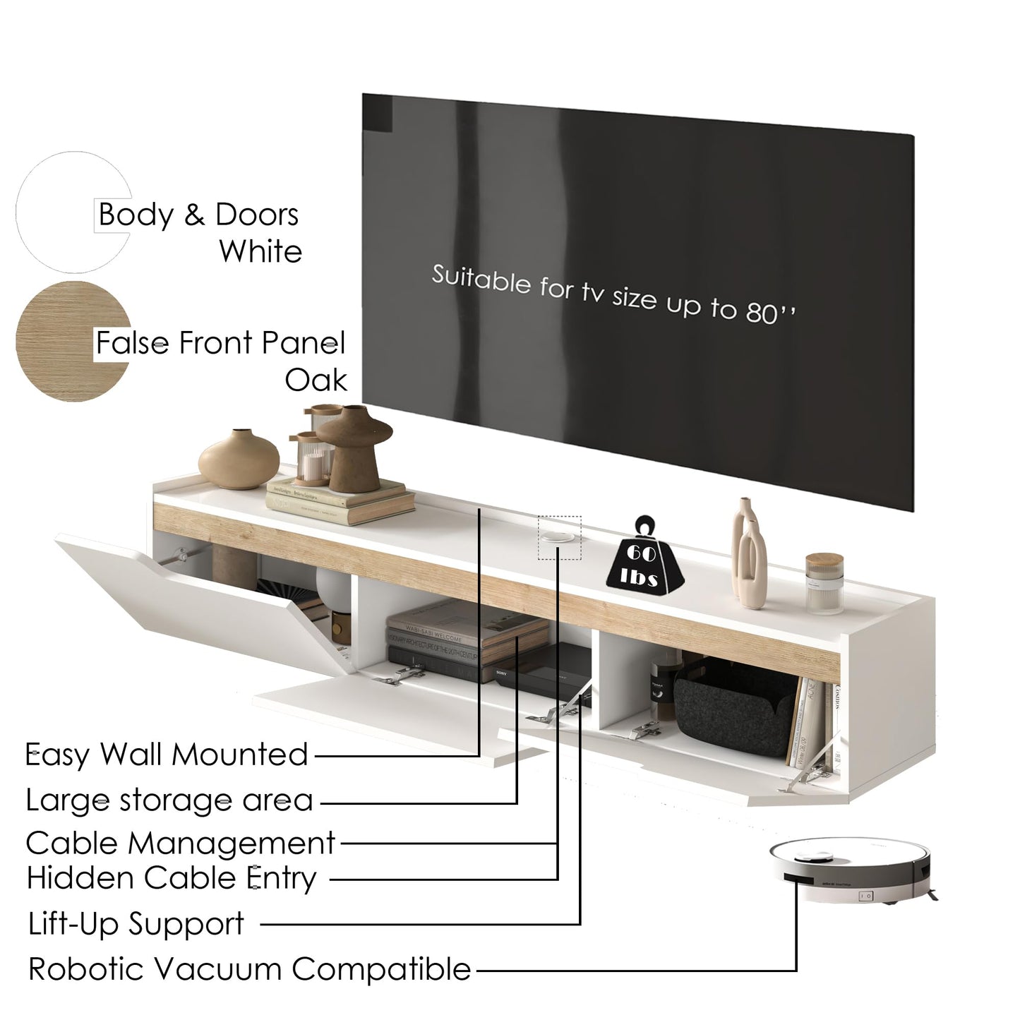 Floating TV Stand for Up to 80 Inch TVs – Wall Mounted Entertainment Center with Storage – Modern Floating Media Console with Cable Management – Oak/White Finishes (Oak)