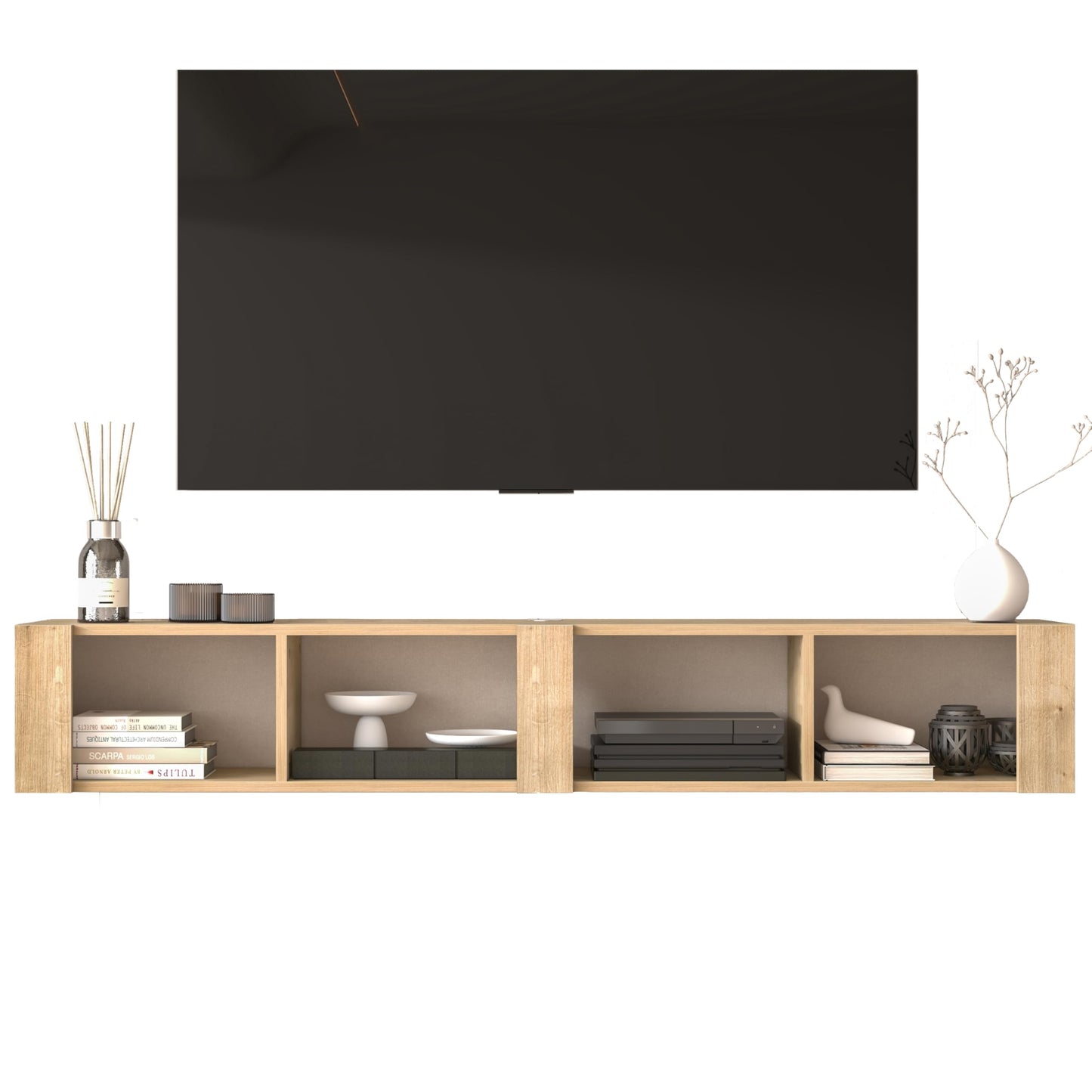 Floating TV Stand for 75 Inch TVs – Wall Mounted Entertainment Center with Open Storage Shelves – Modern Floating TV Console for Living Room & Bedroom – Oak and Walnut Finish (Oak)