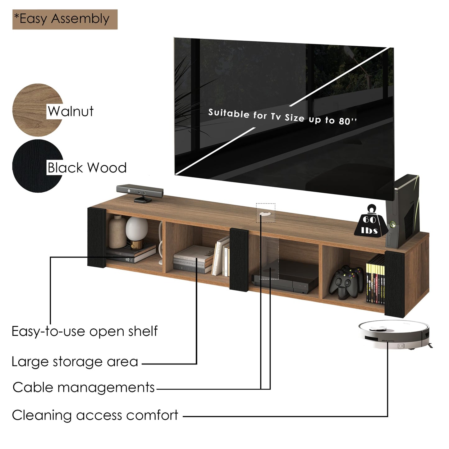 Floating TV Stand for 75 Inch TVs – Wall Mounted Entertainment Center with Open Storage Shelves – Modern Floating TV Console for Living Room & Bedroom – Oak and Walnut Finish (Oak)