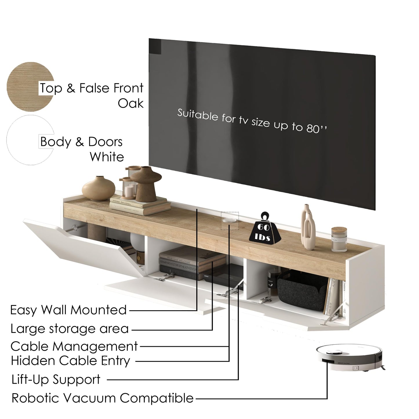 Floating TV Stand for Up to 80 Inch TVs – Wall Mounted Entertainment Center with Storage – Modern Floating Media Console with Cable Management – Oak/White Finishes (Oak)
