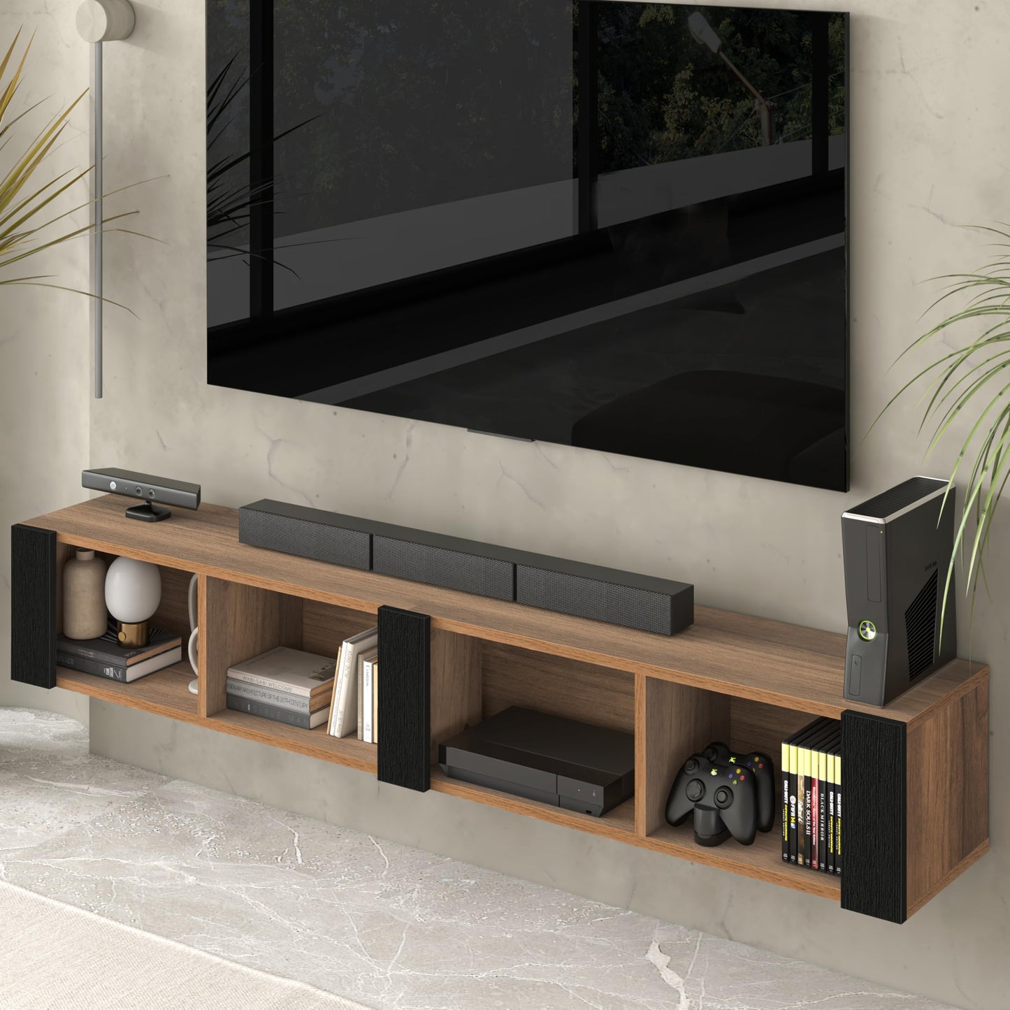 Floating TV Stand for 75 Inch TVs – Wall Mounted Entertainment Center with Open Storage Shelves – Modern Floating TV Console for Living Room & Bedroom – Oak and Walnut Finish (Oak)