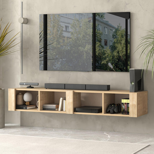 Floating TV Stand for 75 Inch TVs – Wall Mounted Entertainment Center with Open Storage Shelves – Modern Floating TV Console for Living Room & Bedroom – Oak and Walnut Finish (Oak)