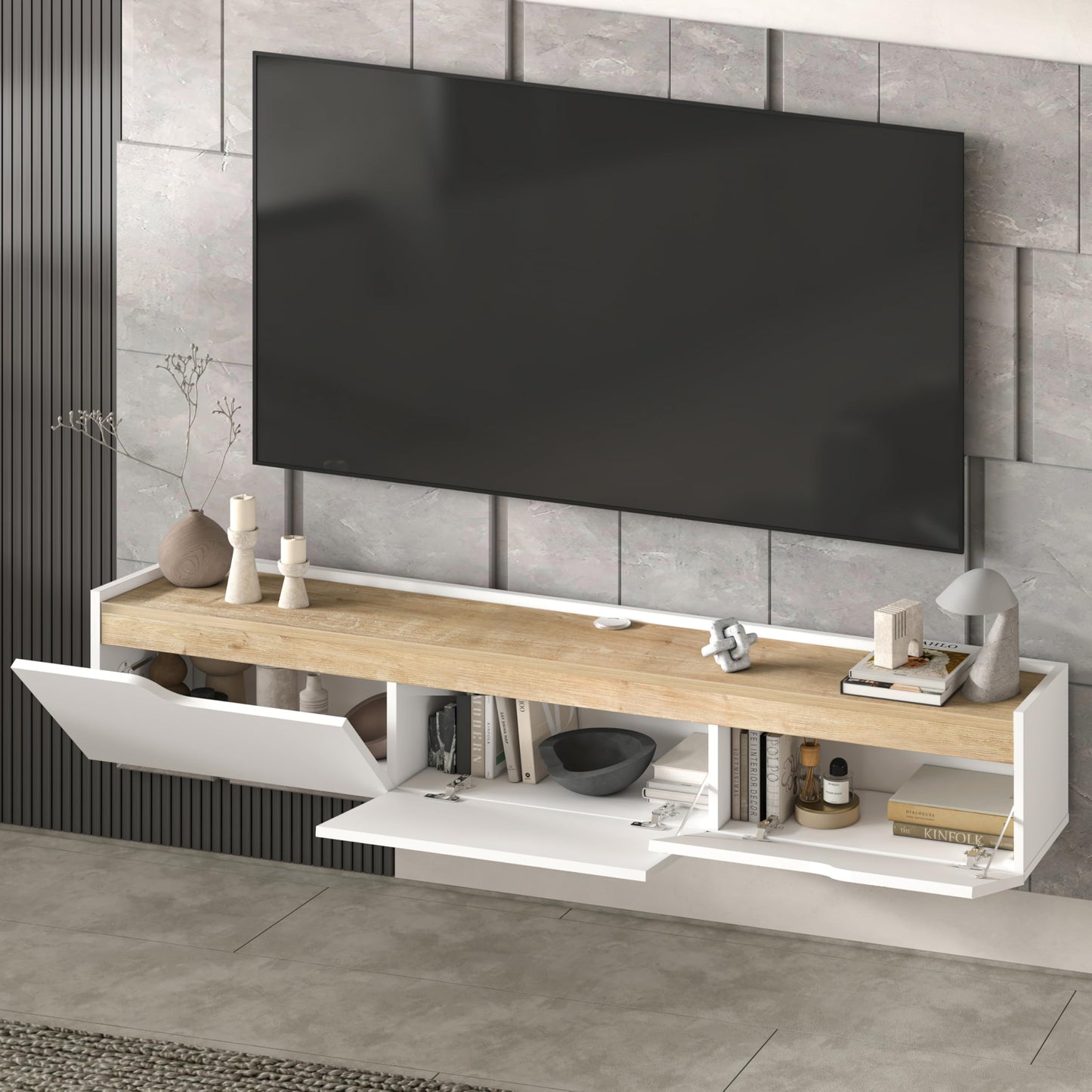 Floating TV Stand for Up to 80 Inch TVs – Wall Mounted Entertainment Center with Storage – Modern Floating Media Console with Cable Management – Oak/White Finishes (Oak)