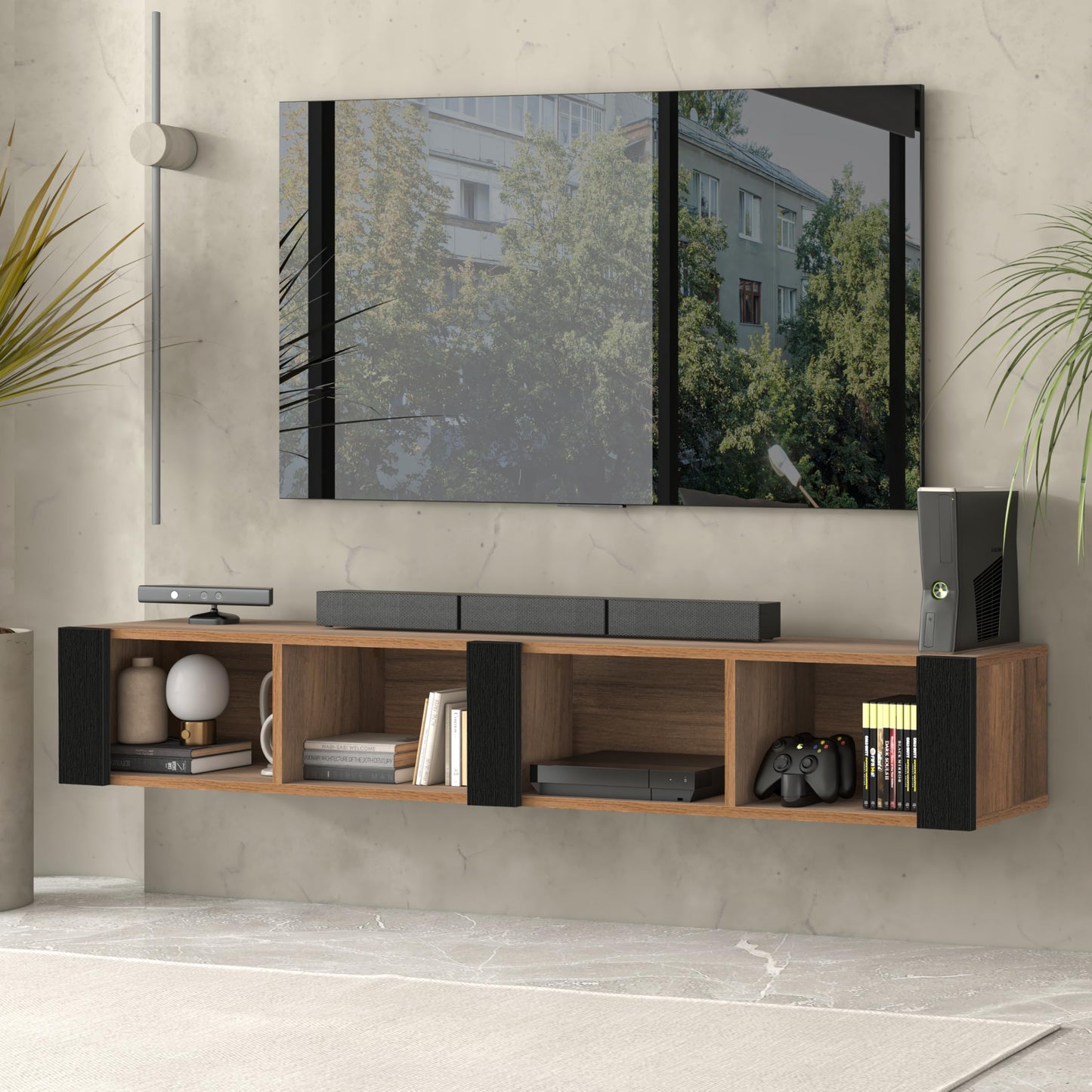 Floating TV Stand for 75 Inch TVs – Wall Mounted Entertainment Center with Open Storage Shelves – Modern Floating TV Console for Living Room & Bedroom – Oak and Walnut Finish (Oak)