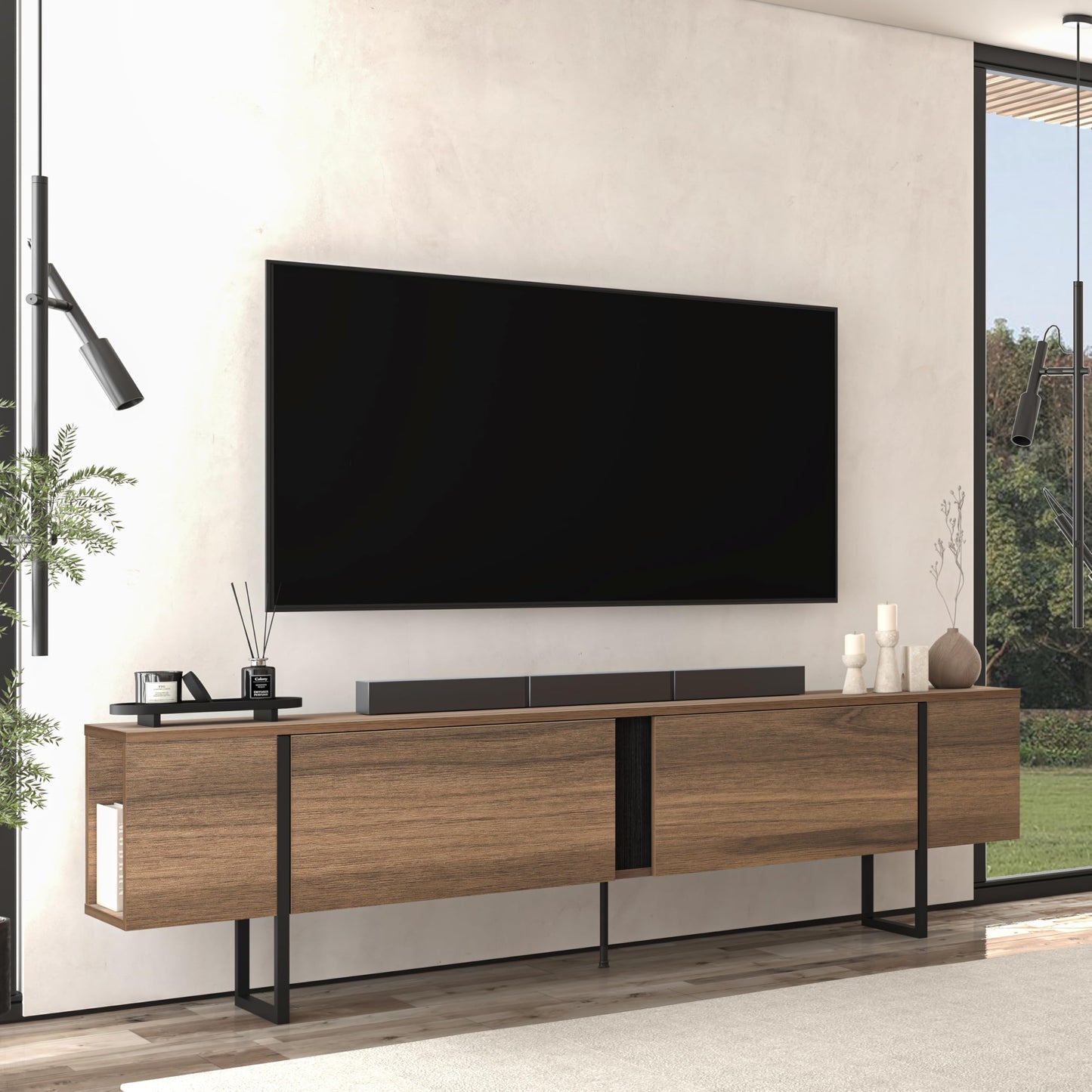 Modern TV Stand and Media Console, Entertainment Center, Adjustable Shelves, Solid Eng Wood, Metal Legs, Large Storage, TV Stand for 75 inch TV, TV Stand 65 inch (63 x 32 Inches)