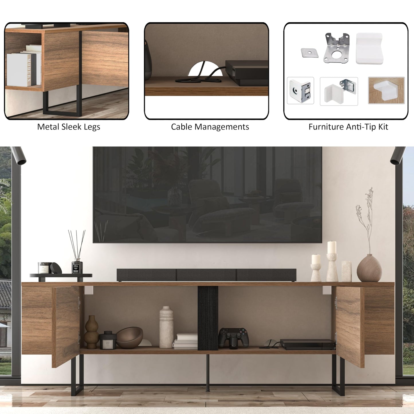 Modern TV Stand and Media Console, Entertainment Center, Adjustable Shelves, Solid Eng Wood, Metal Legs, Large Storage, TV Stand for 75 inch TV, TV Stand 65 inch (63 x 32 Inches)
