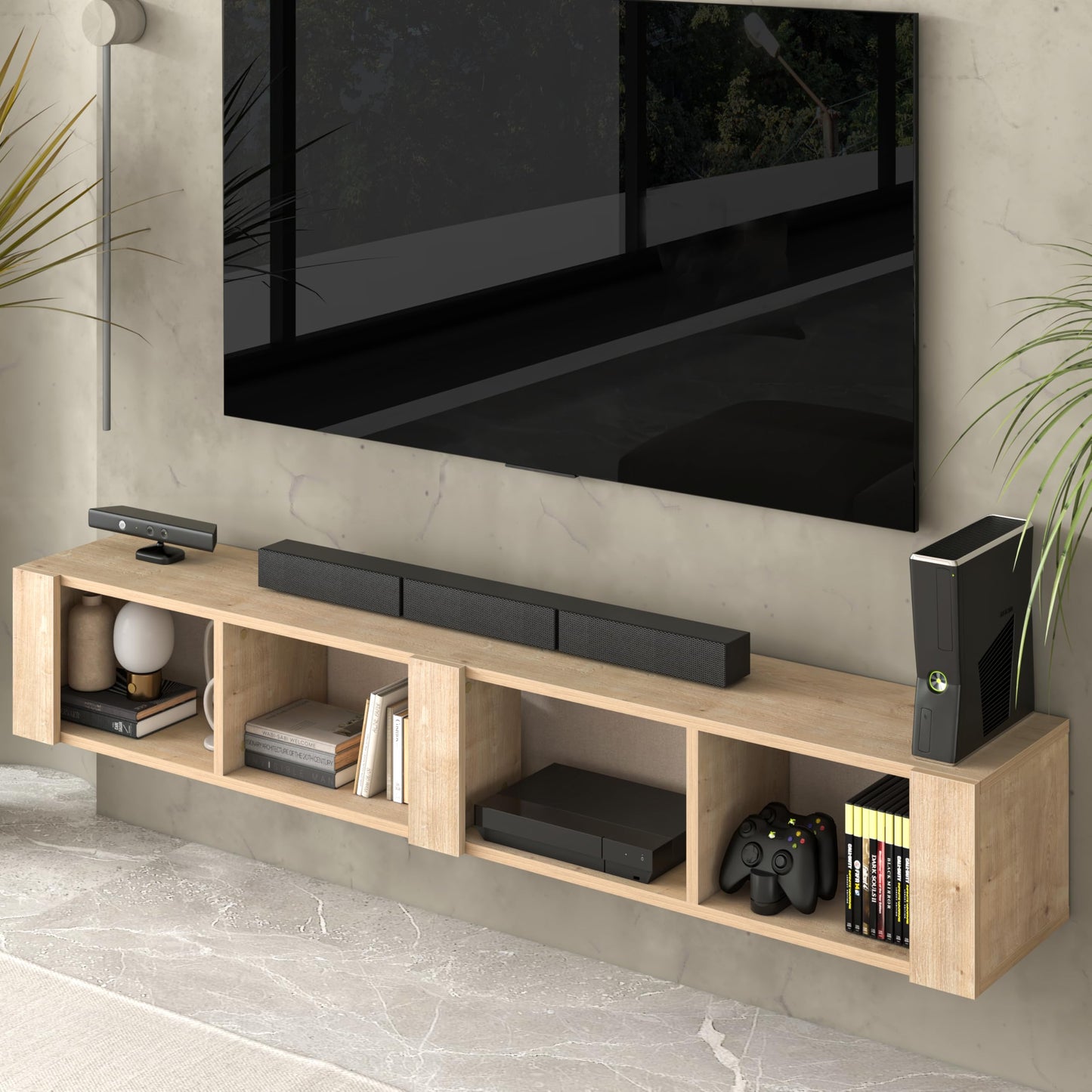 Floating TV Stand for 75 Inch TVs – Wall Mounted Entertainment Center with Open Storage Shelves – Modern Floating TV Console for Living Room & Bedroom – Oak and Walnut Finish (Oak)