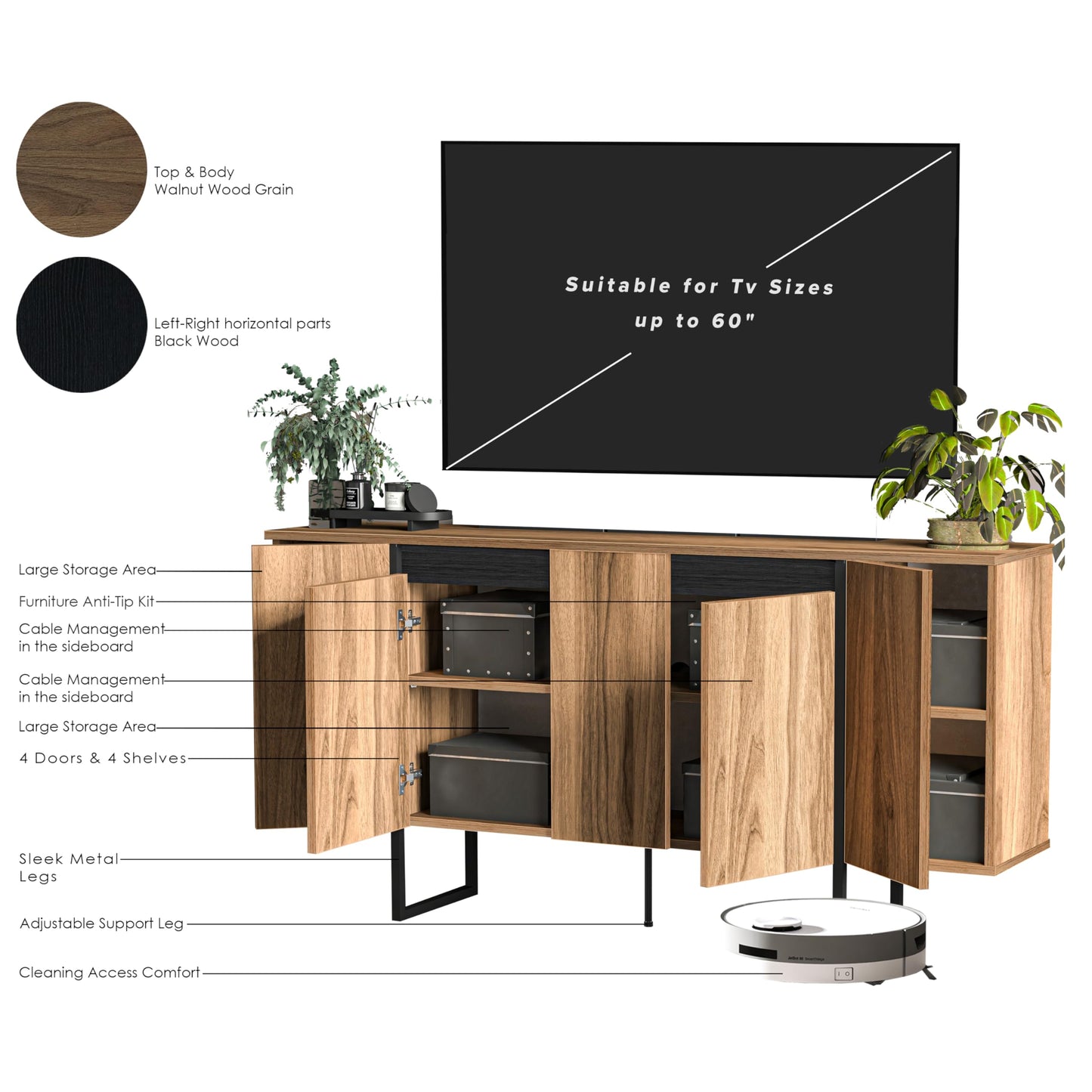 Modern TV Stand and Media Console, Entertainment Center, Adjustable Shelves, Solid Eng Wood, Metal Legs, Large Storage, TV Stand for 75 inch TV, TV Stand 65 inch (63 x 32 Inches)