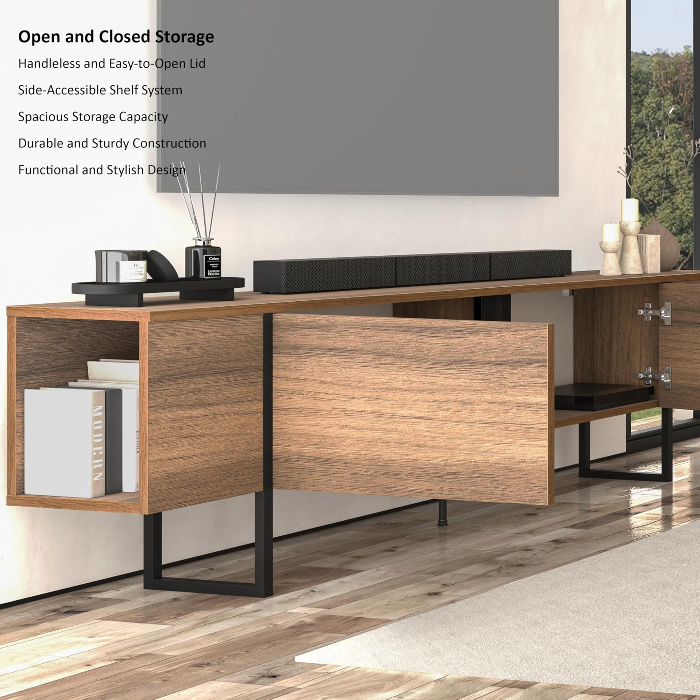 Modern TV Stand and Media Console, Entertainment Center, Adjustable Shelves, Solid Eng Wood, Metal Legs, Large Storage, TV Stand for 75 inch TV, TV Stand 65 inch (63 x 32 Inches)