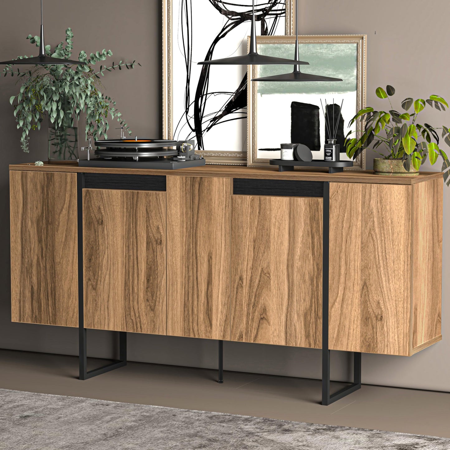 Modern TV Stand and Media Console, Entertainment Center, Adjustable Shelves, Solid Eng Wood, Metal Legs, Large Storage, TV Stand for 75 inch TV, TV Stand 65 inch (63 x 32 Inches)