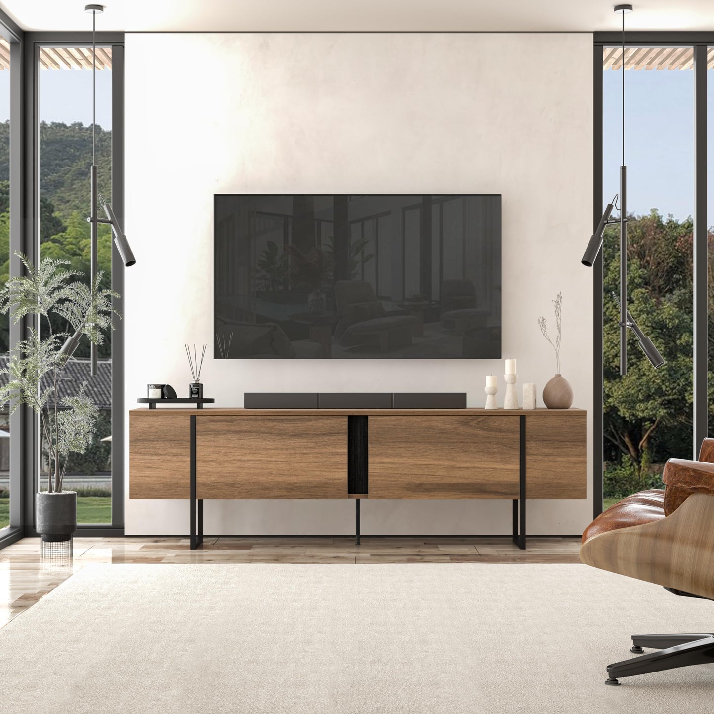 Modern TV Stand and Media Console, Entertainment Center, Adjustable Shelves, Solid Eng Wood, Metal Legs, Large Storage, TV Stand for 75 inch TV, TV Stand 65 inch (63 x 32 Inches)