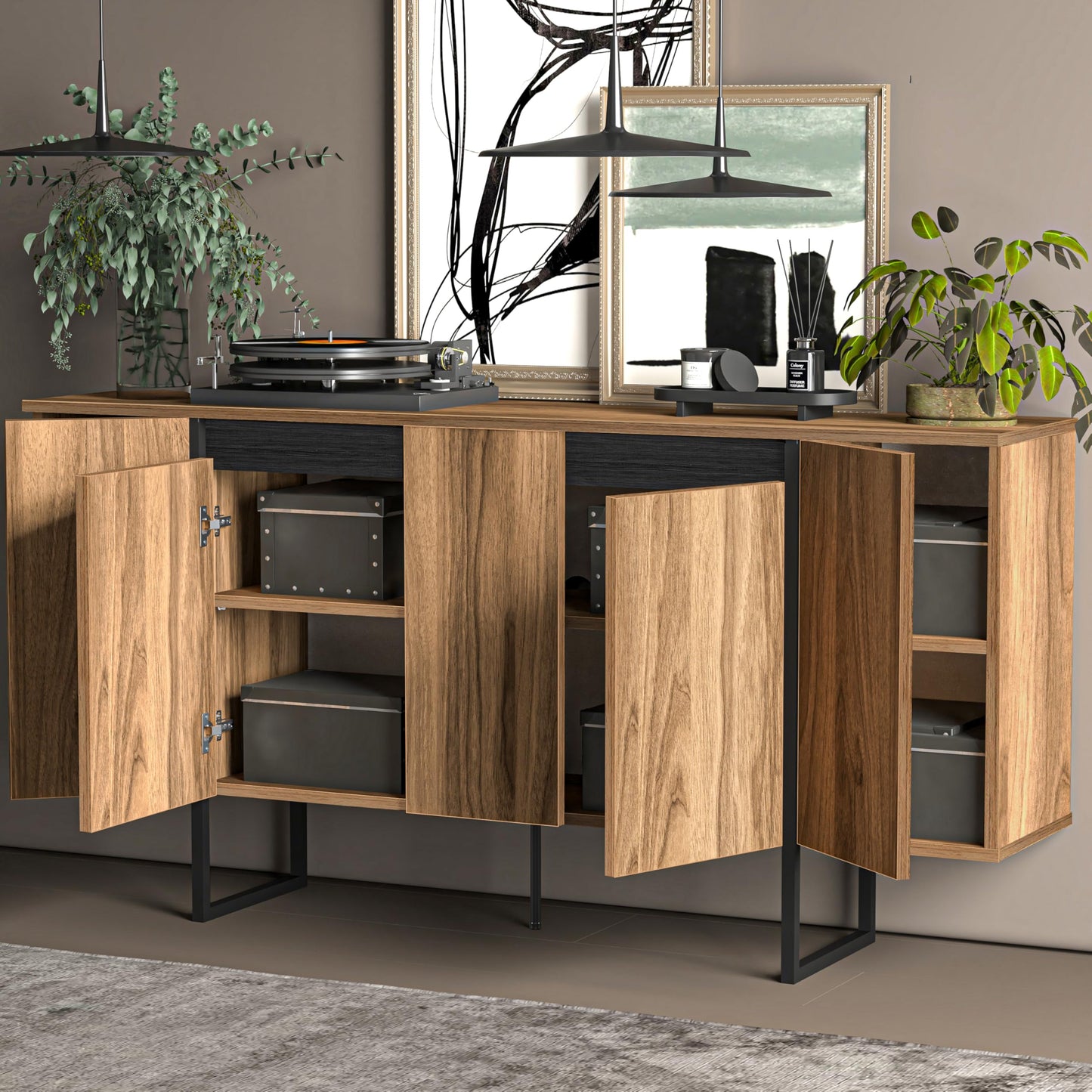 Modern TV Stand and Media Console, Entertainment Center, Adjustable Shelves, Solid Eng Wood, Metal Legs, Large Storage, TV Stand for 75 inch TV, TV Stand 65 inch (63 x 32 Inches)