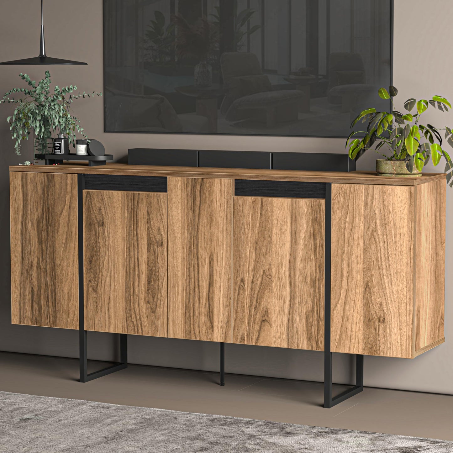 Modern TV Stand and Media Console, Entertainment Center, Adjustable Shelves, Solid Eng Wood, Metal Legs, Large Storage, TV Stand for 75 inch TV, TV Stand 65 inch (63 x 32 Inches)