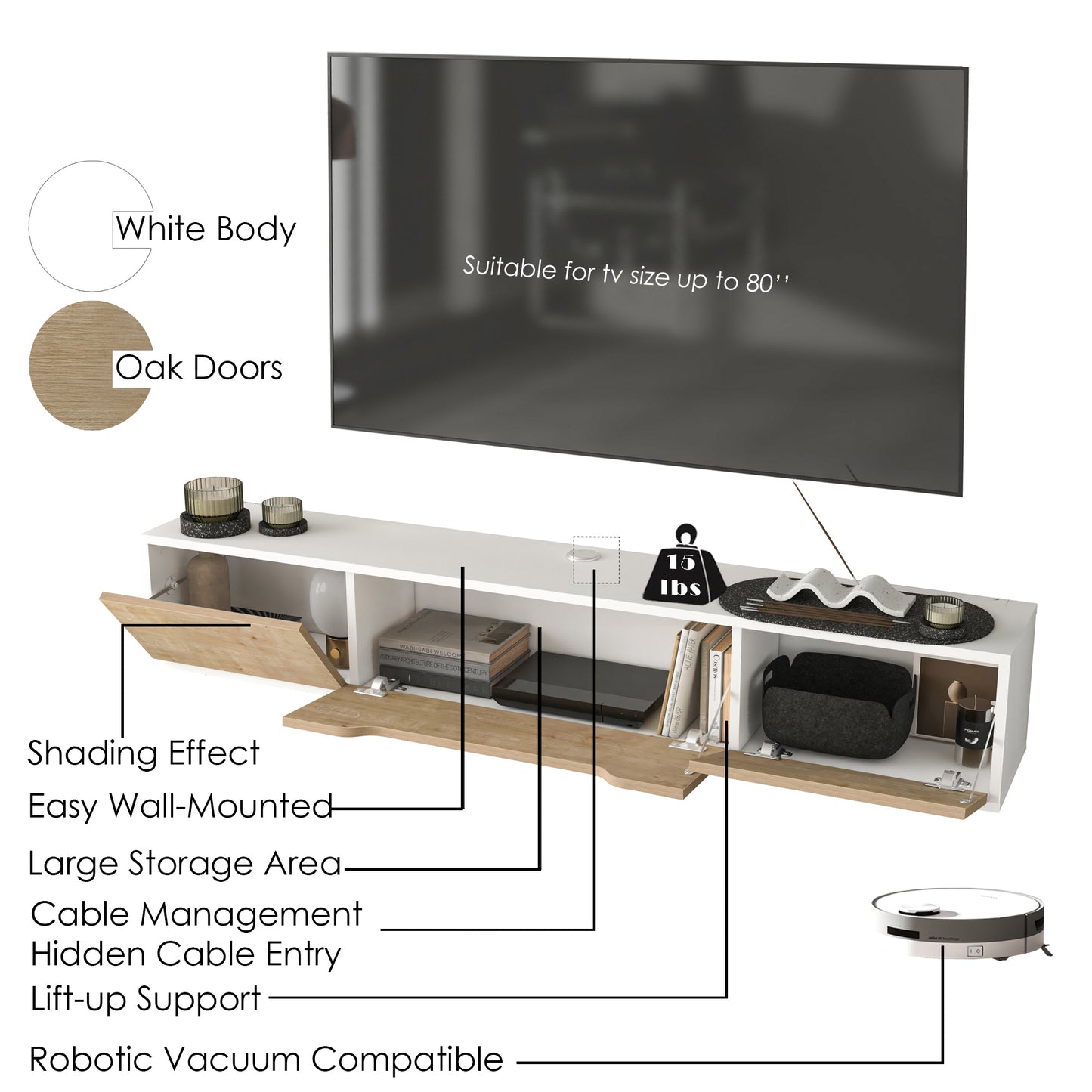 Luna Floating TV Unit 180cm | Wall Mounted Media Cabinet with Storage | Modern TV Stand
