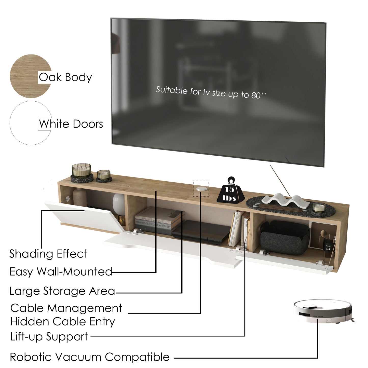 Luna Floating TV Unit 180cm | Wall Mounted Media Cabinet with Storage | Modern TV Stand