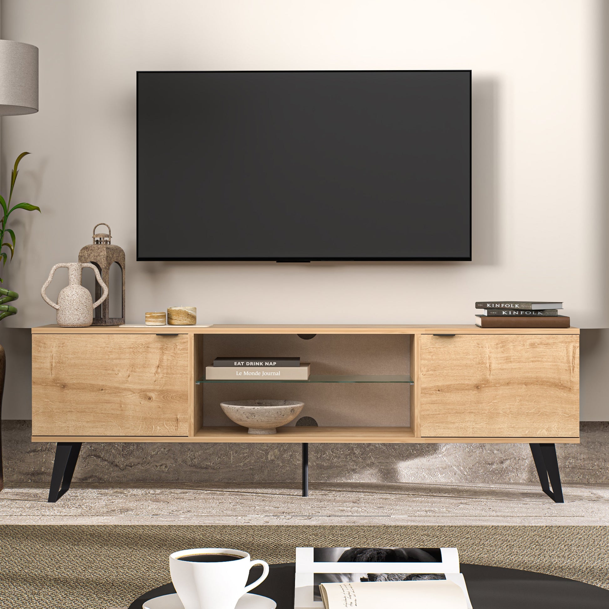 Sleek Oak Atelier Mobili Modern TV Stand for Up to 75 Inch Televisions