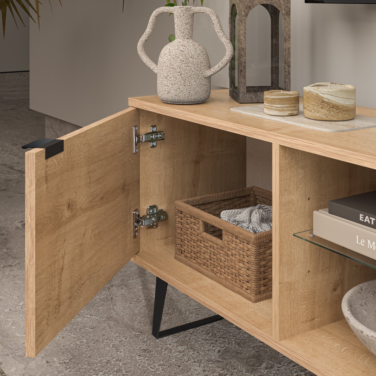 Oak TV Stand Featuring Smart Storage Solutions with Glass Shelf