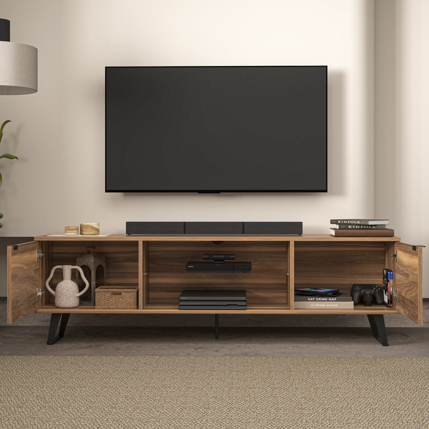 Side View of Mid Century Walnut TV Stand with Spacious Shelving