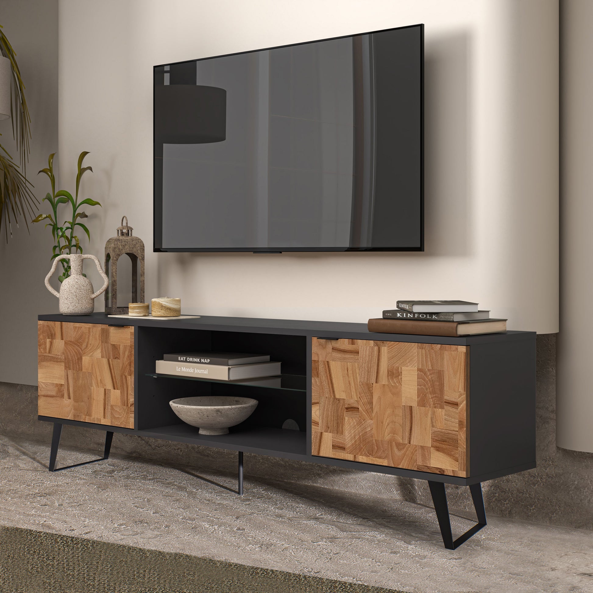 Textured Detail of Gray and Wood Finish on Stylish TV Stand