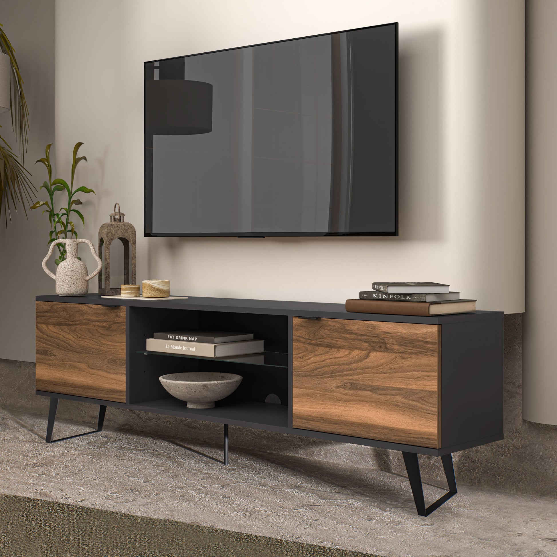 Gray and Walnut Finish Detail on Atelier Mobili Entertainment Stand