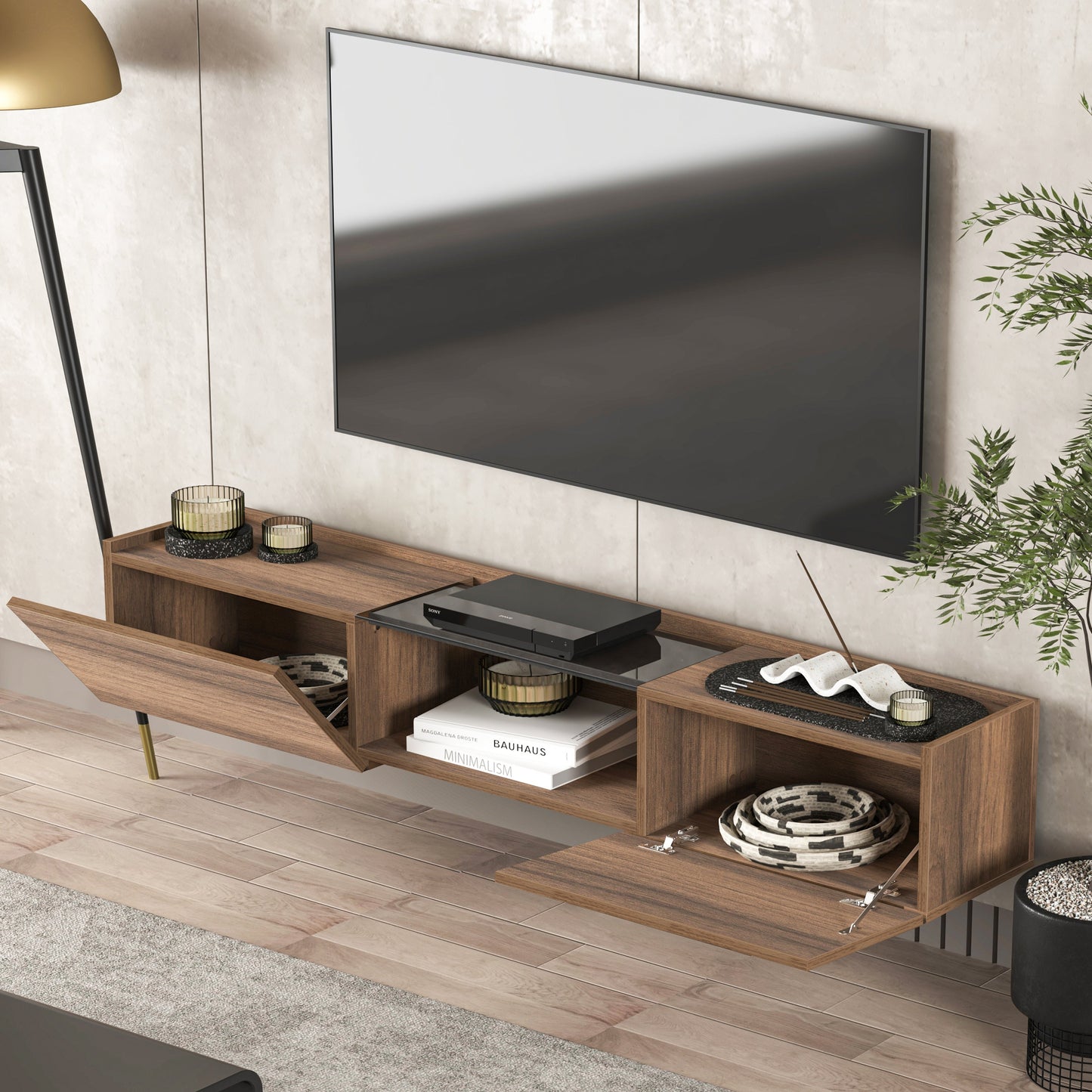 Casilla Floating TV Stand for TVs Up to 80" – Wall Mounted Media Console with Cabinet and Glass Shelf