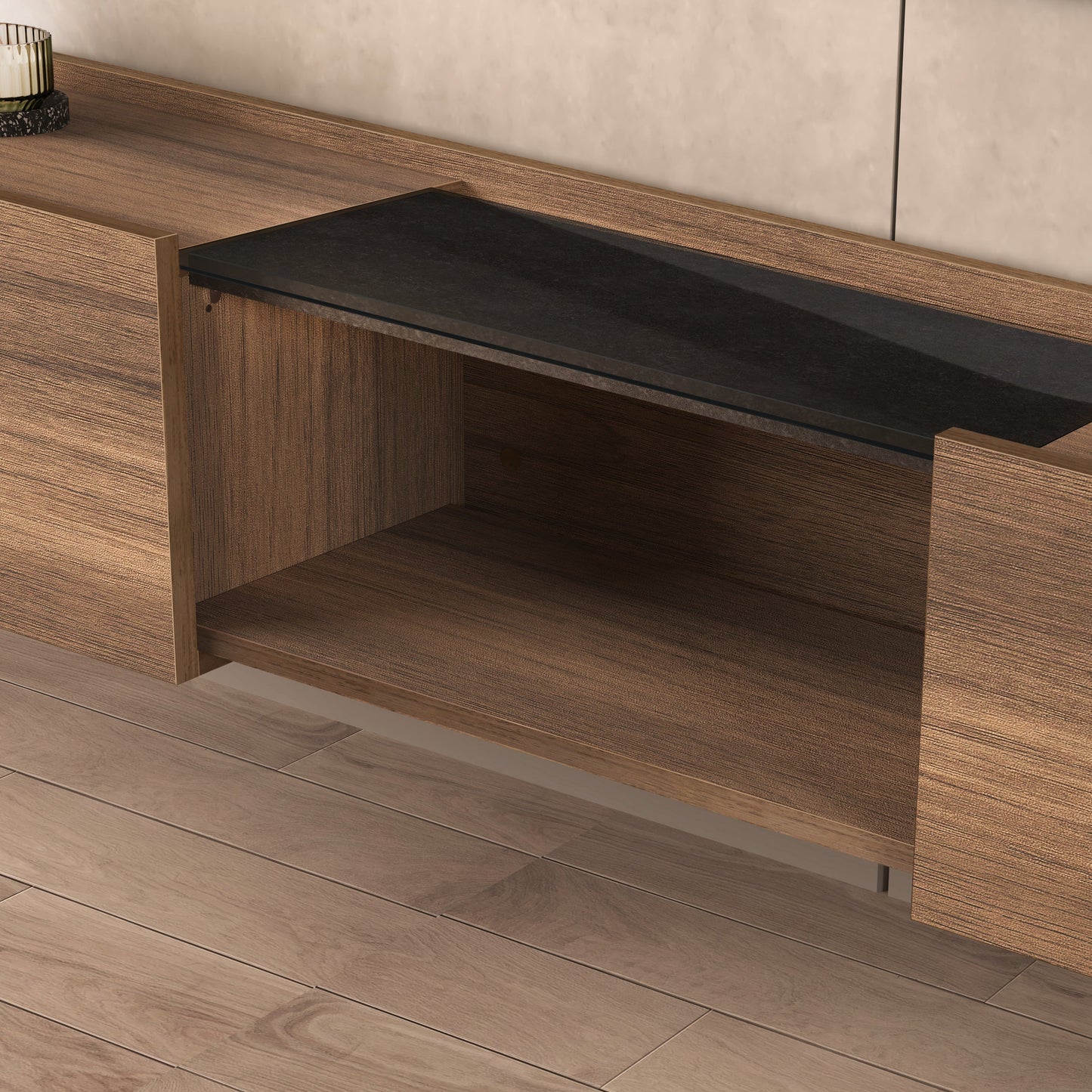 Casilla Floating TV Stand for TVs Up to 80" – Wall Mounted Media Console with Cabinet and Glass Shelf