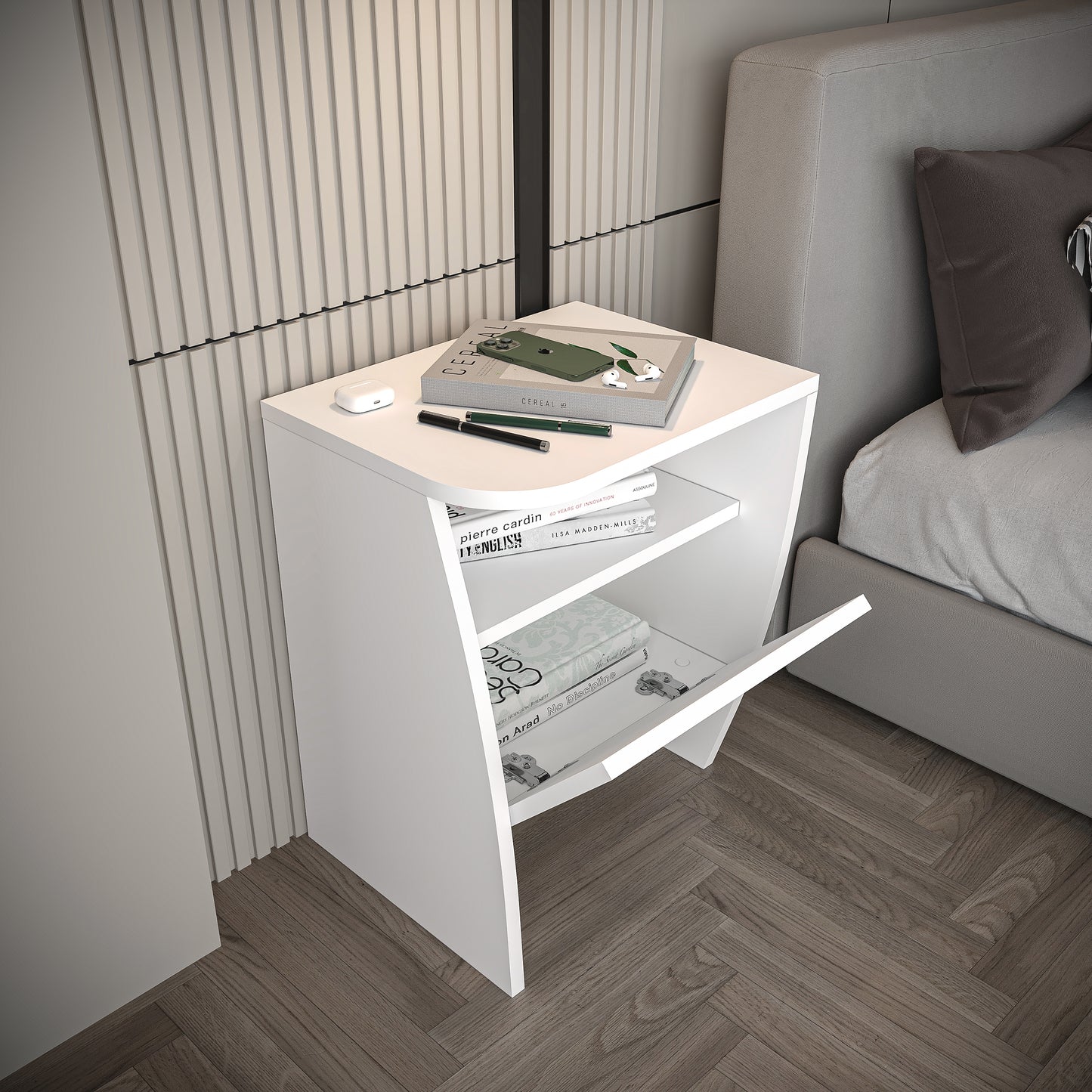 Piece Single Door Nightstand Set – Opposite Rounded Edges, Modern Design