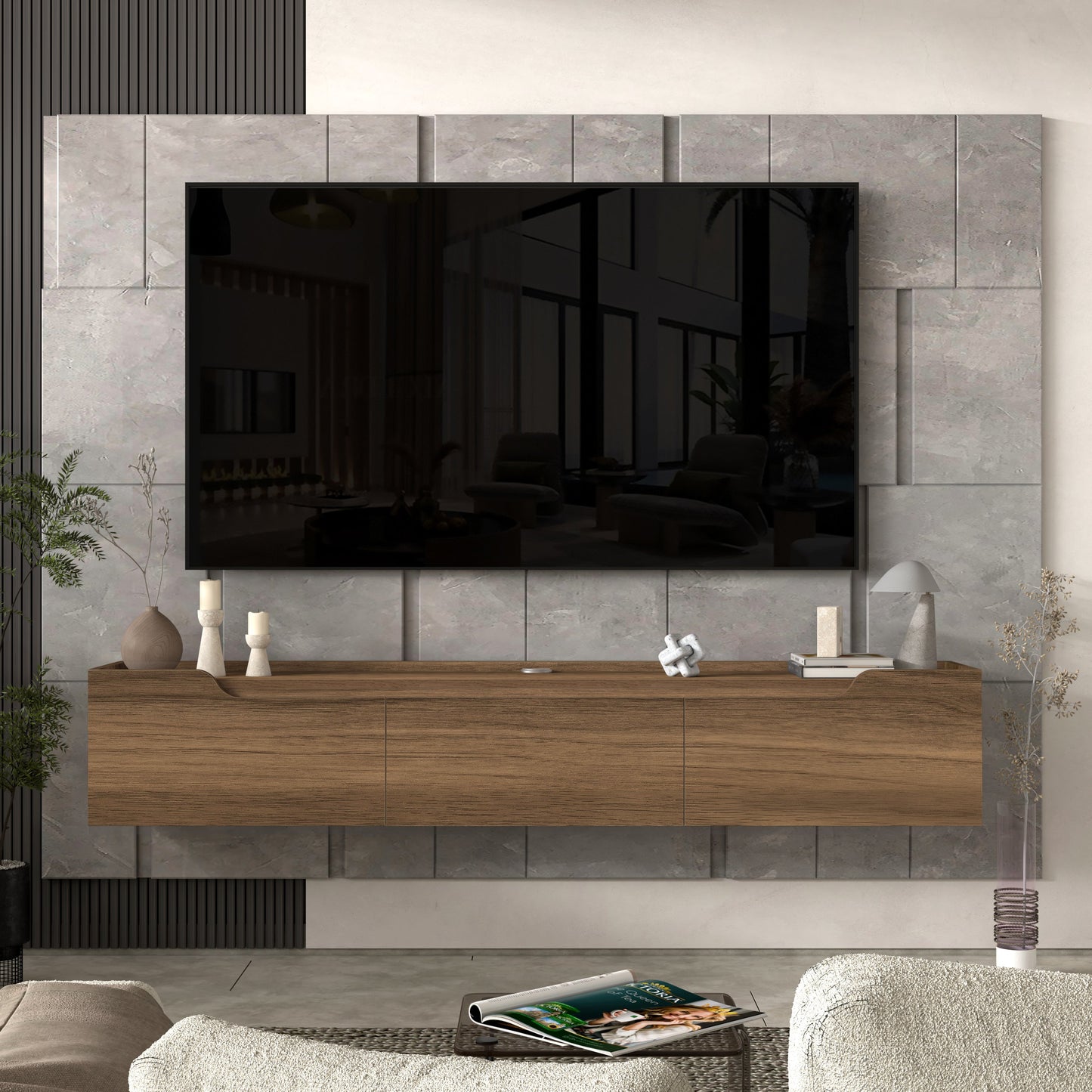 Floating TV Stand for Up to 80 Inch TVs – Wall Mounted Entertainment Center with Storage – Modern Floating Media Console with Cable Management – Oak/White Finishes (Oak)